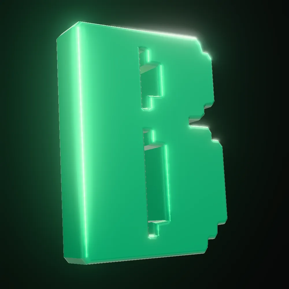 The BrainBox B logo in glowing emerald 3D